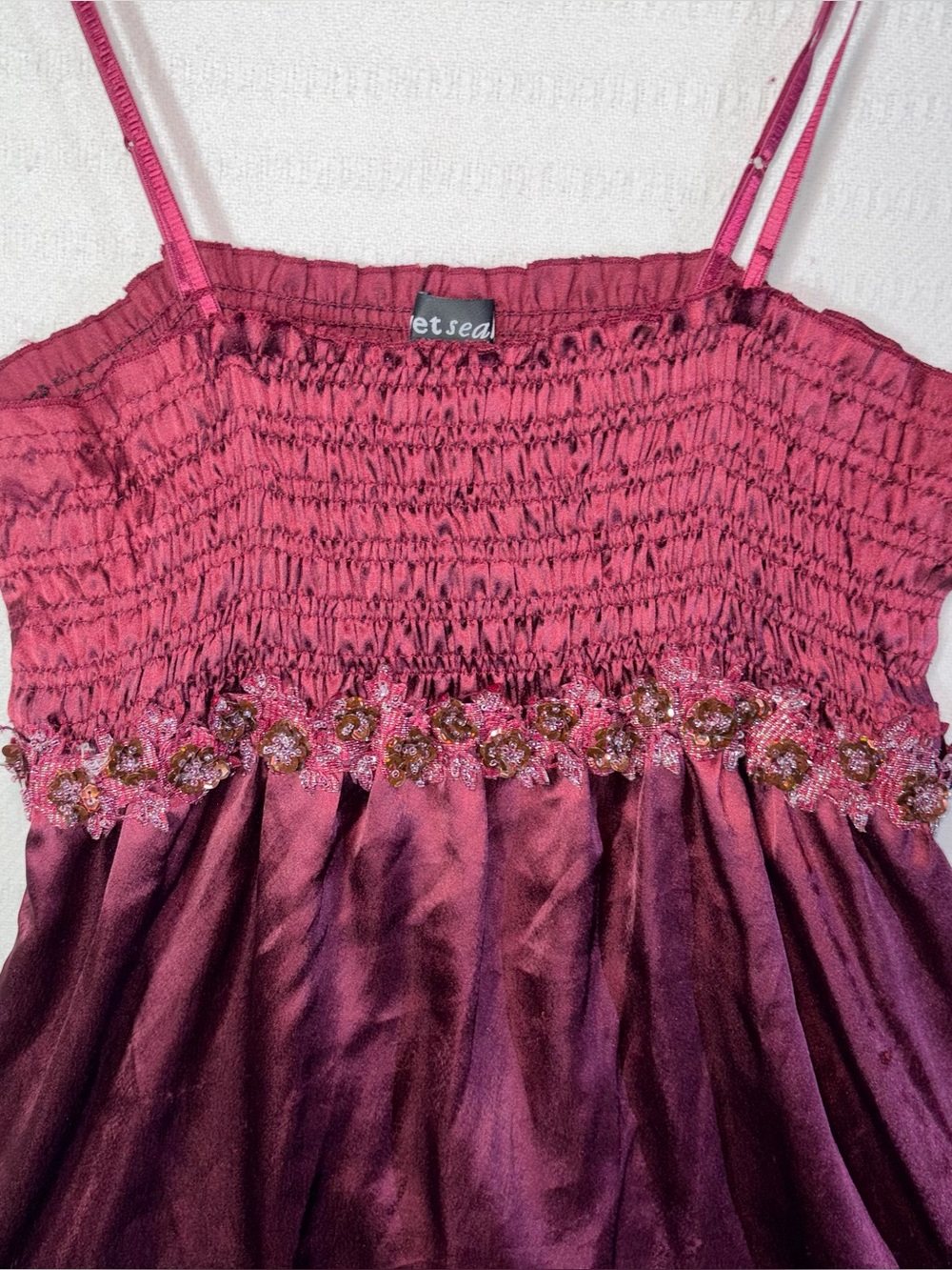 Vintage Y2K Wet Seal Embellished Satin Smocked Cami Tank Top Size M Fairy Rare - Picture 3 of 10